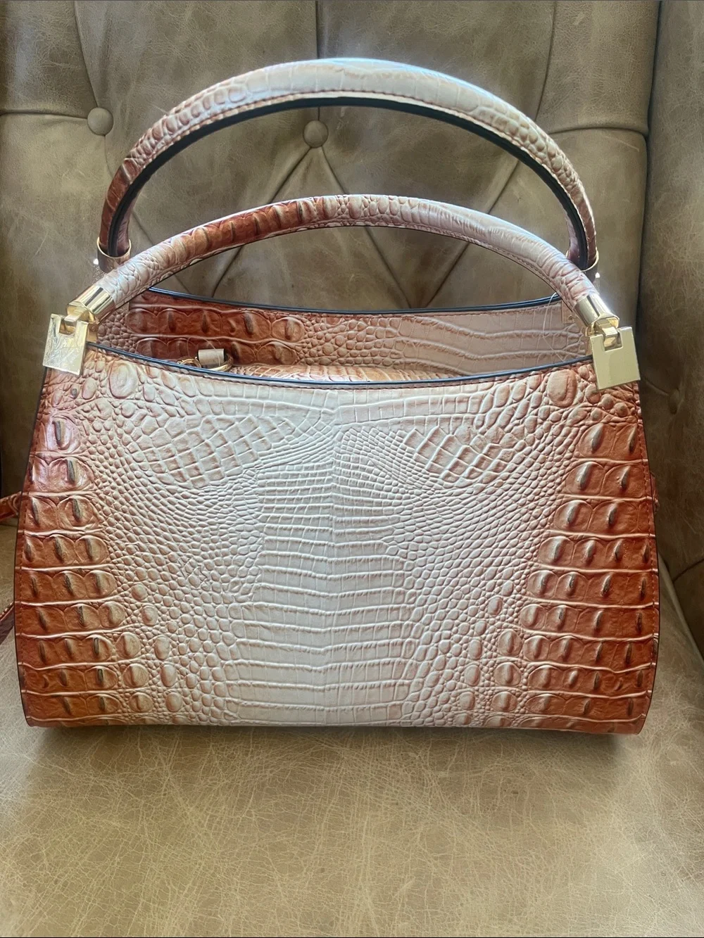 Croc-Embossed Satchel Handbag in Burnt Orange-Cream